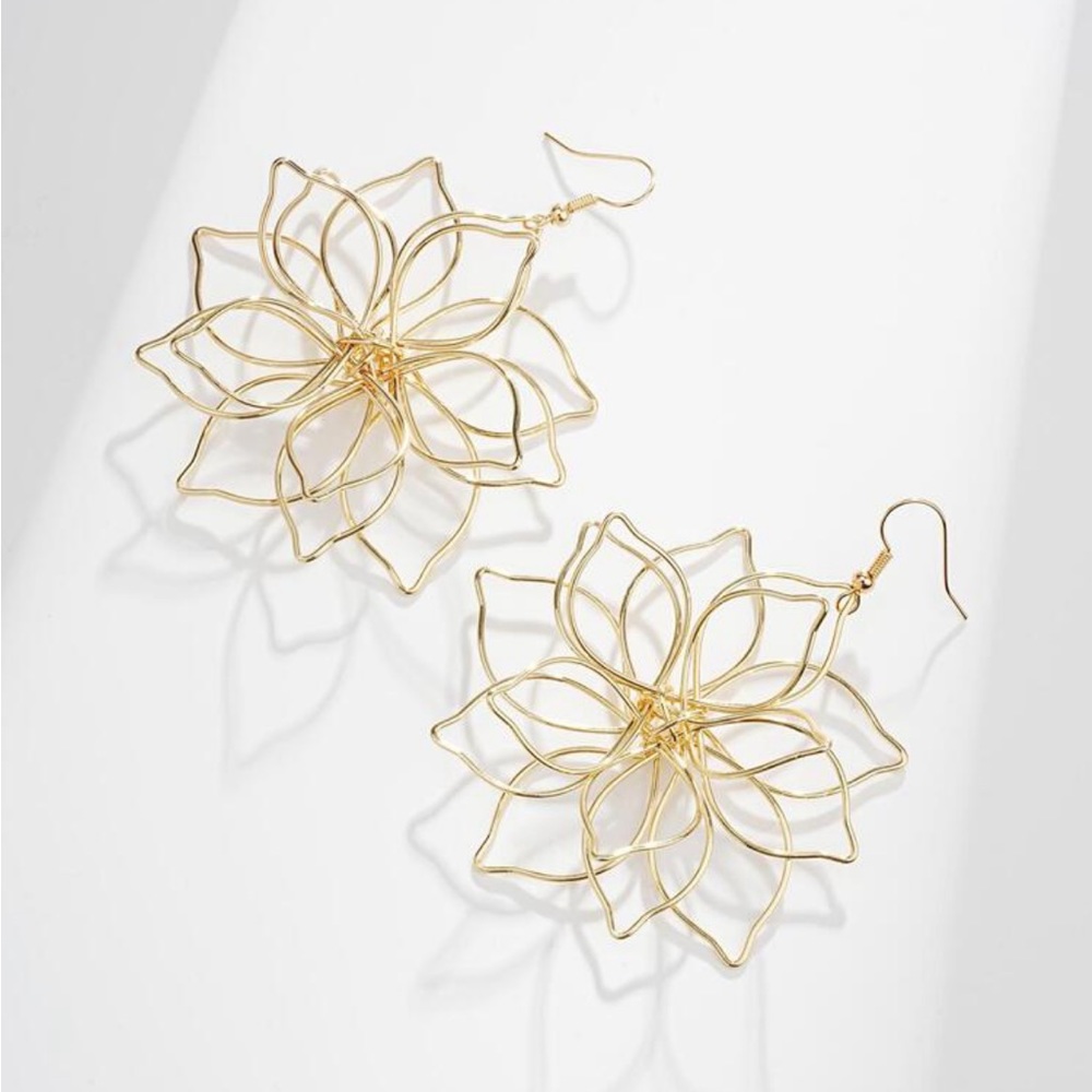Three Dimensional Gold Floral Drop Earrings
